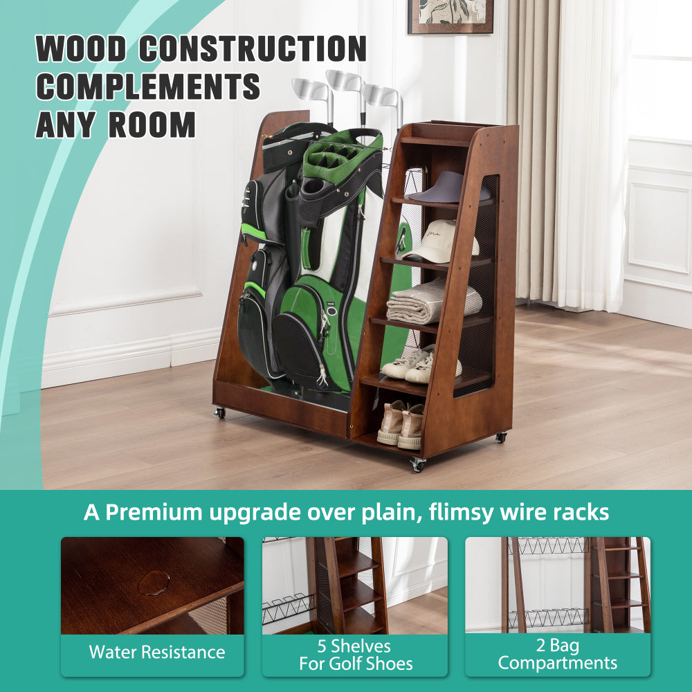 Golf Bag Organizer for Garage, Premium Wooden Golf Clubs Storage Rack Fit 2 Golf Bags, Golf Trunk Organizer for Car Garage Club Shed Basement,Brown