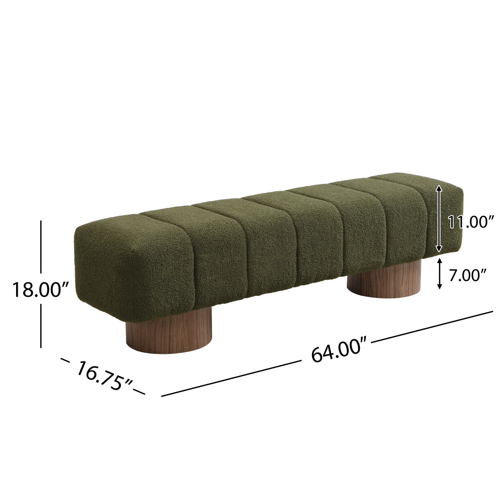 Upholstered Dining Bench for Dining Room, No-Assembly End of Bed Entryway Bench Ottoman for Bedroom Living Room, Green Boucle Fabric Stool Top Wood Leg 300 LBS Weight Capacity