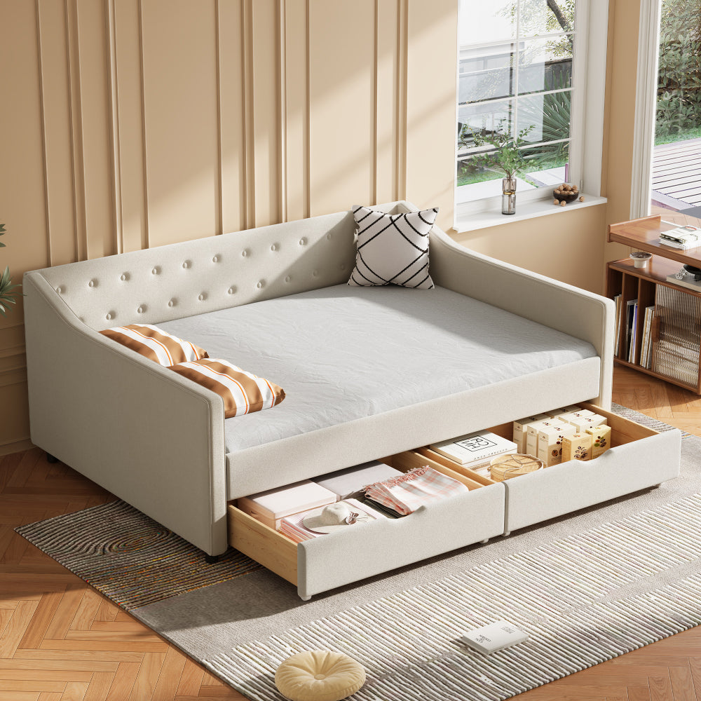 Twin Size Daybed with Drawers Upholstered Tufted Sofa Bed, with Button on Back and Piping on Waved Shape Arms-Light Grey