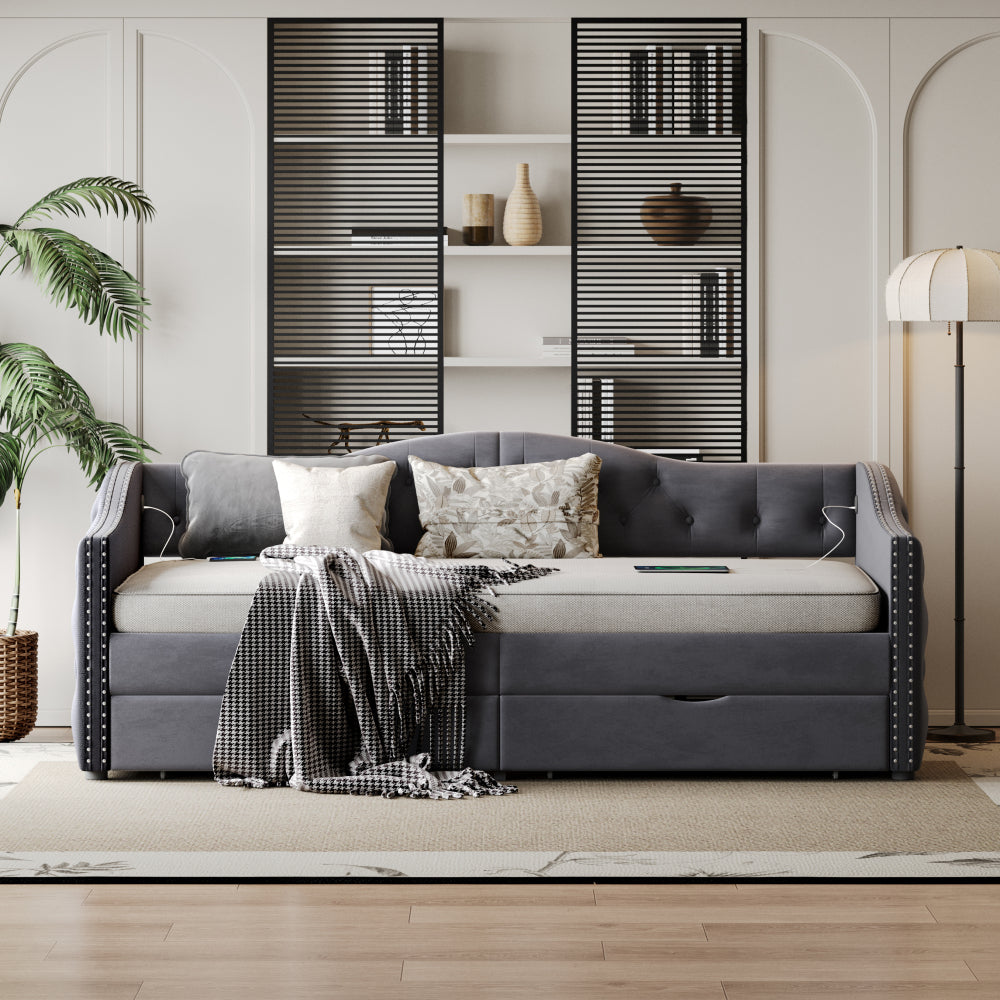 Upholstered Daybed with Storage Drawers, Wood Daybed Twin Size, No Box Spring Needed, Grey