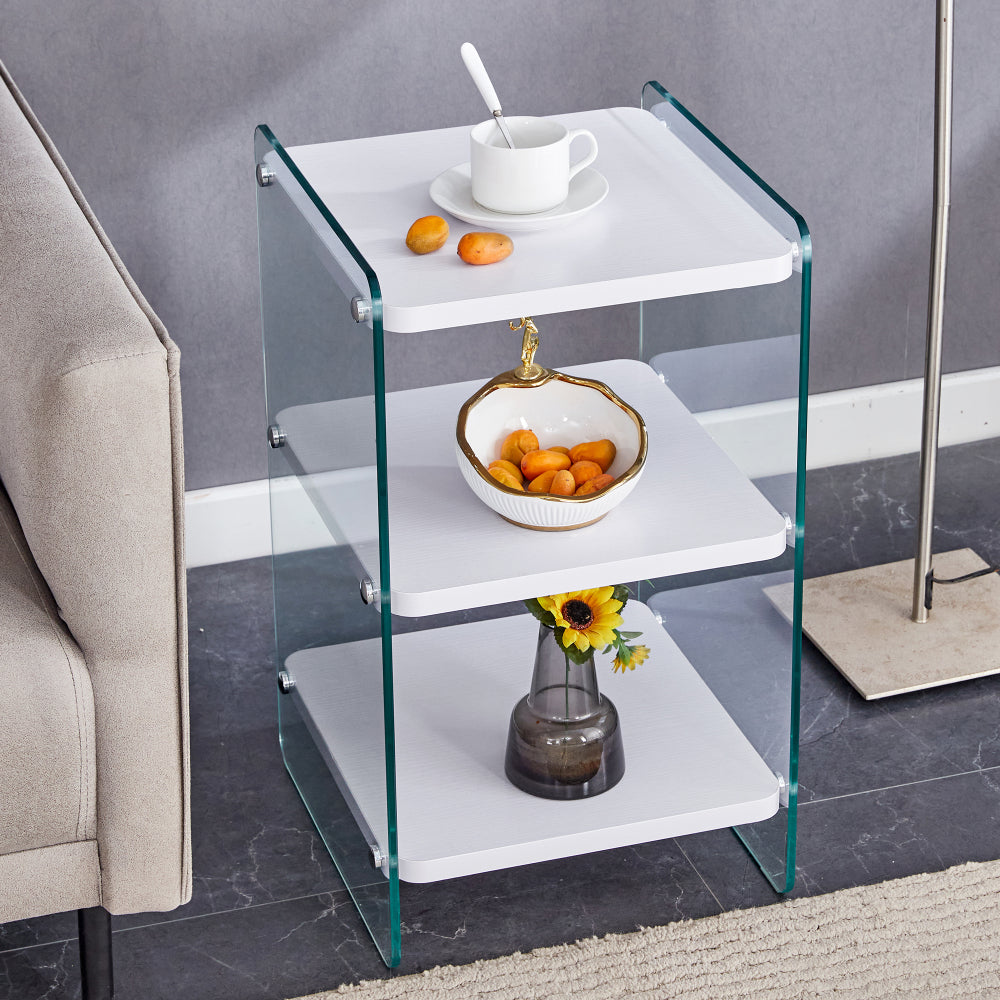 Three levels of bedside tables. The board surface is MDF, with white stickers, and both sides are transparent tempered glass. The design is simple and generous, with storage function.W1512P284948