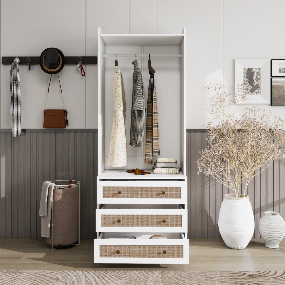 Wardrobe with 3 Drawers High Wardrobe Armoire With Rattan For Living Room, Bedroom Organizer