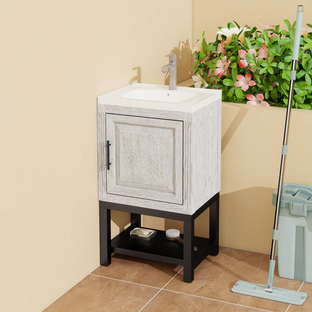 20" Small Bathroom Vanity with Sink & Hot and Cold Faucet, Freestanding Bathroom Cabinet with White Ceramic Basin, Bathroom Storage Organizer with 1 Doors and Open iron Shelf