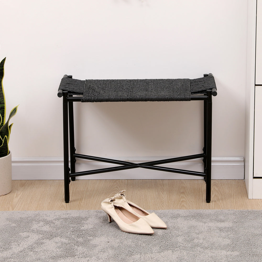 Foot Rest Shoes Stools Handwoven Paper Rope Ottomans for Entryway, Living Room, Bedroom & Office (Black)