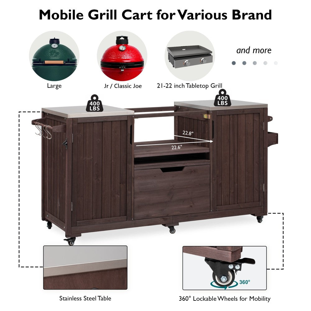 K&K 66.5" Outdoor Kitchen Island for Big Green Egg Grills, Solid Wood Outdoor Grill Cart for Tabletop Grill with Stainless Steel Top, Drawer, Compatible with Large Big Green Egg, Kamado Joe-Dark Brown