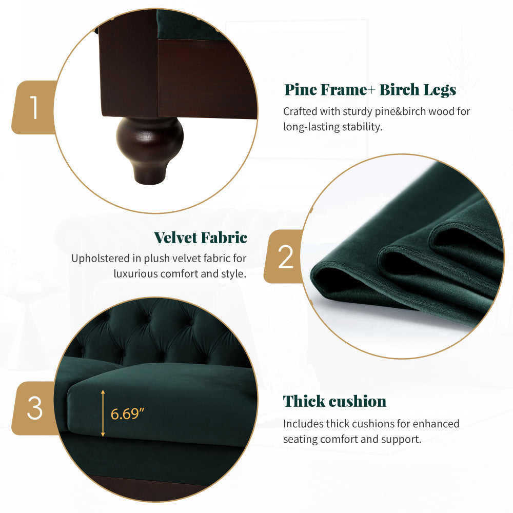 VIVALUX 59.44" Chesterfield Velvet Loveseat Sofa,2-Person Rolled Arm Dutch Plush Upholstered Sofa Couch with Tufted Button for Living Room, Bedroom, Small Places,Forest Green