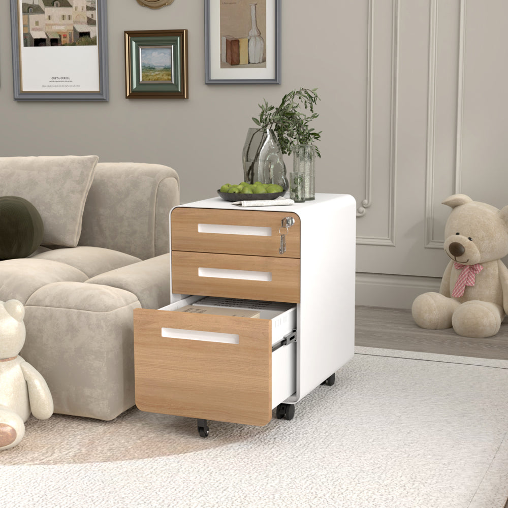 Rounded 3 drawer mobile filing cabinet, simple style multifunctional legal/letter/A4 file storage cabinet, 5-wheel design with anti tilt cold-rolled steel material
