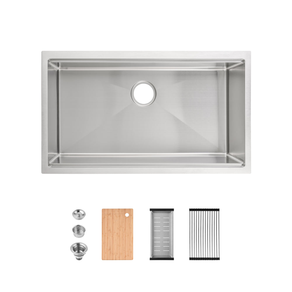 Stainless Steel Kitchen Sink, 33″x19″ Single Bowl, Undermount Handmade Sink in Dark Gray, with Cutting Board, Colander