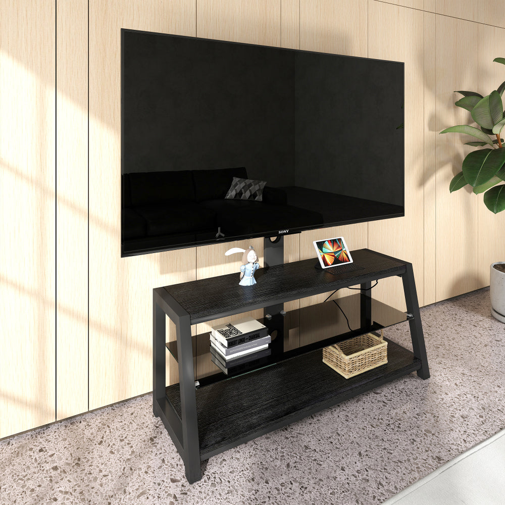 Wooden Storage TV Stand Black Tempered Glass Height Adjustable Universal Swivel Entertainment Center With Mount TV Stand,black