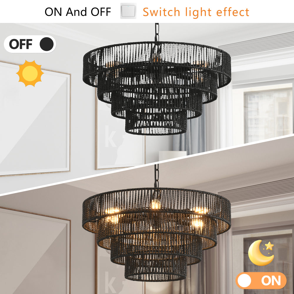20" Rustic 4-Tier Black Hemp Rope Pendant Light Chandelier with 6 E12 Sockets, Handmade Tiered Boho Ceiling Light Fixture for Dining Room, Kitchen, or Foyer (Bulb Not Included)