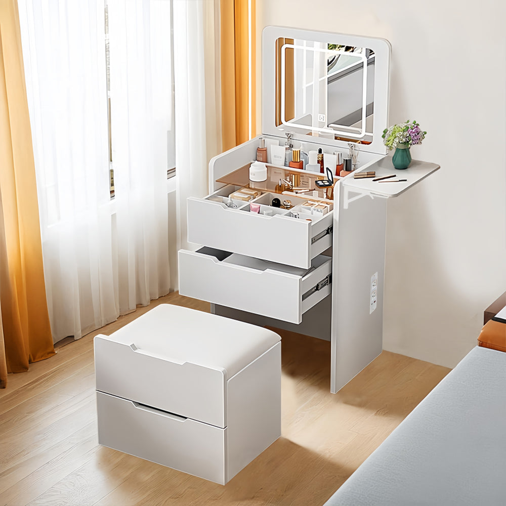 (60CM) 3 in 1 Vanity Desk with Plip Top Mirror, Small Make Up Vanity Set with Visible Glass Desktop, Compact Makeup Vanity with 3 Drawers, Cushioned Tool, Dressing Table for Bedroom, Prime Day Deals