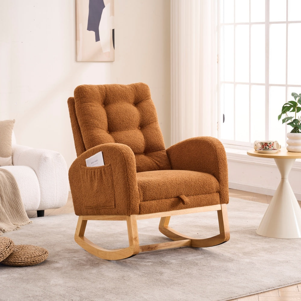 LY-5104 Plush Accent Rocking Chair with Footrest, Cream White High-Back Rocker, Rubber Wood Lounge Chair for Nursery & Living Room, 38.36"W x 26.77"D x 39.76"H