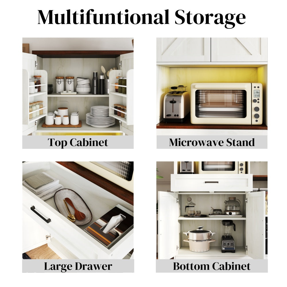 71'' Farmhouse Kitchen Pantry Sideboard with Cabinet and Drawer, Multifunctional Kitchen Buffet with Hutch and Glass Holder, Microwave Stand with Charging Station for Kitchen and Dining Room