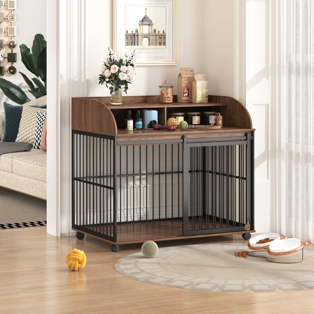 GO 44'' Heavy Duty Large Dog Crate Furniture for Large Medium Dog with Lockable Wheels, Wooden Dog Crate Dog Kennel, End Table Crate with Double layer storage, Brown