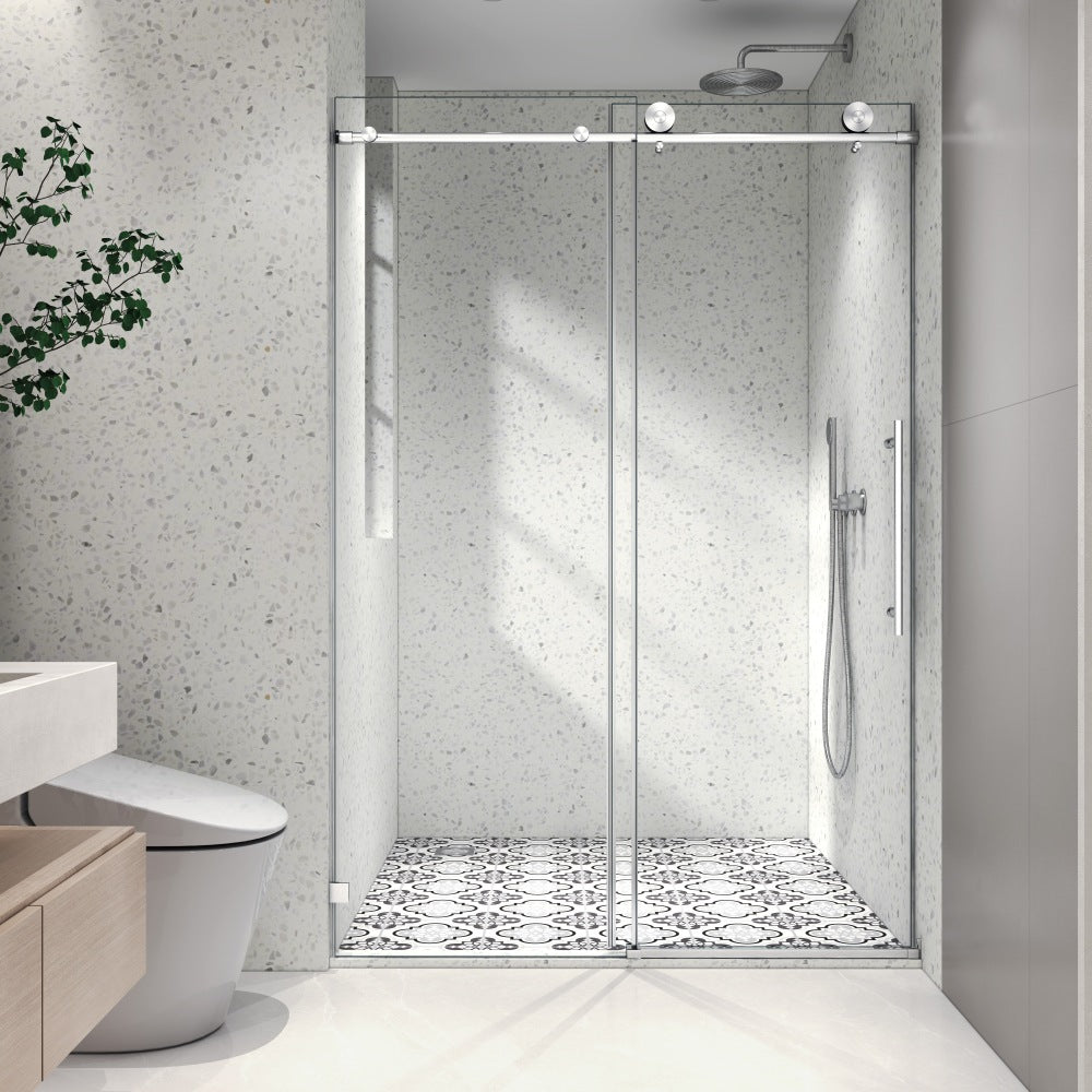 6076 Matte Black frameless one fixed and one shifted Shower Door, 70MM 304 stainless steel large pulleys with adjustable soft closing function,with nano easy cleaning,stick explosion-proof menbrance