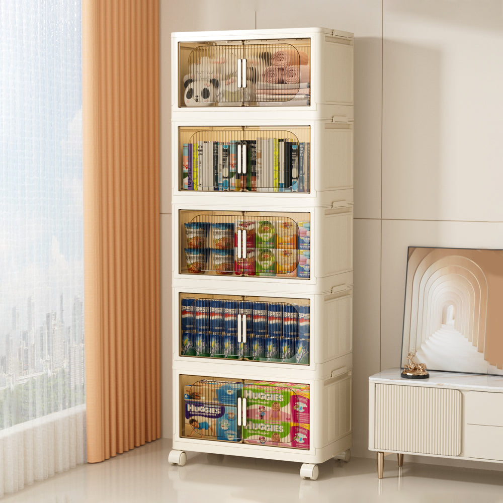 19.69" Side Wide Folding Storage Cabinet ,3 Tiers,19.69"×11.81"×31.1",Collapsible Storage Bins with Magnetic Door, Plastic Storage Cabinet with Wheels, Closet organizers and Storage Containers