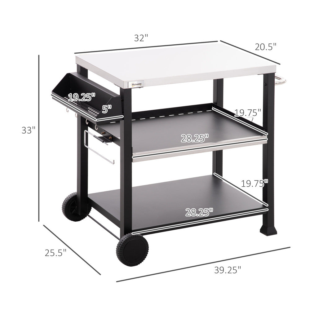 Outsunny Three-Shelf Outdoor Grill Cart with Stainless Steel Tabletop, Side Handle, 32" x 20.5" Multifunctional Pizza Oven Stand, Movable Food Prep Table on Wheels, Black