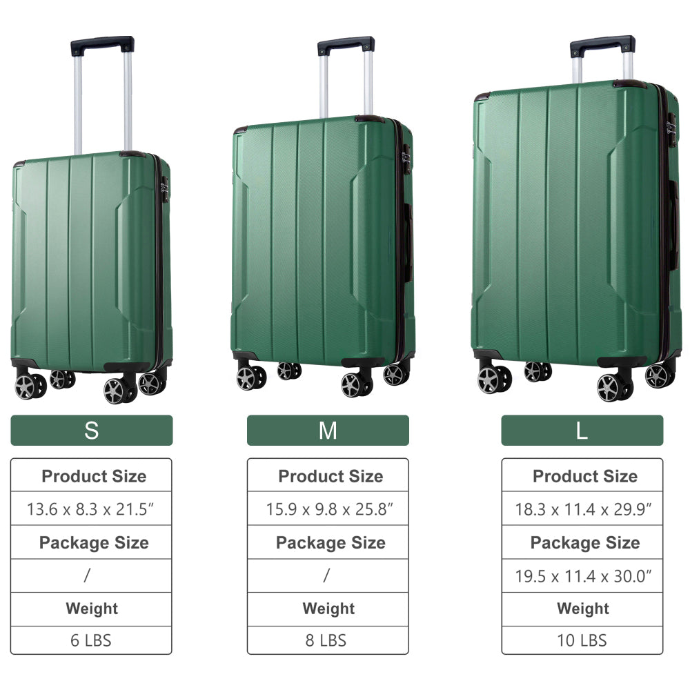 Luggage Sets 3 Piece, Hard shell ABS Lightweight Durable Suitcases with Double Spinner Wheels 20/24/28 Inch (Green)
