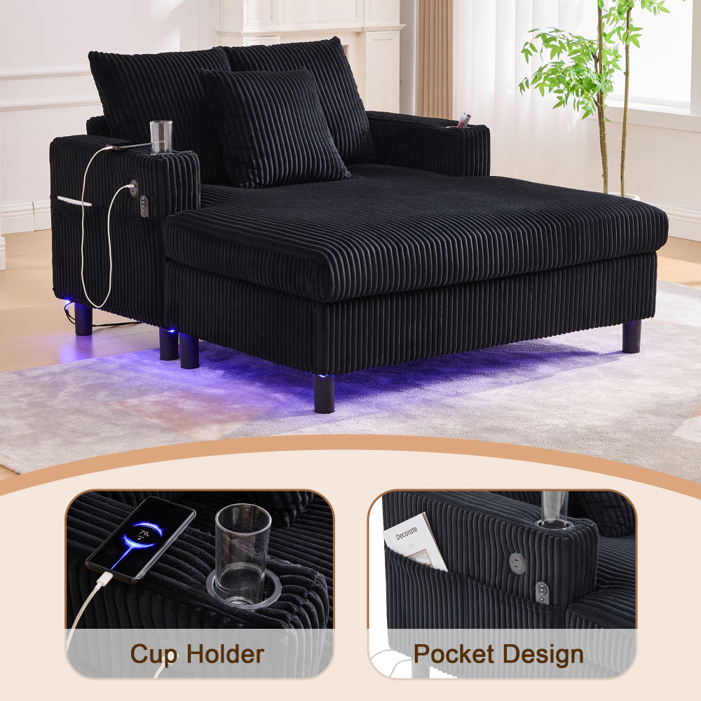 UNITED WE WIN Modern Corduroy Oversized Recliner Sofa with Deep Seat, 3 Pillows, USB Charging, RGB LED Light Strip, Cup Holder, Side Pocket - Suitable for Living Room and Bedroom