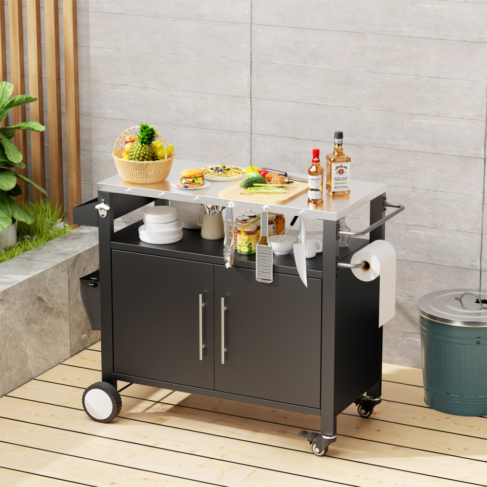 Outdoor Grill Cart with Patio Furniture, Outdoor Grill Table with Storage,Rolling Bar Cart Outdoor BBQ Cart with Hooks and Spice Rack for Grilling Accessories, Black