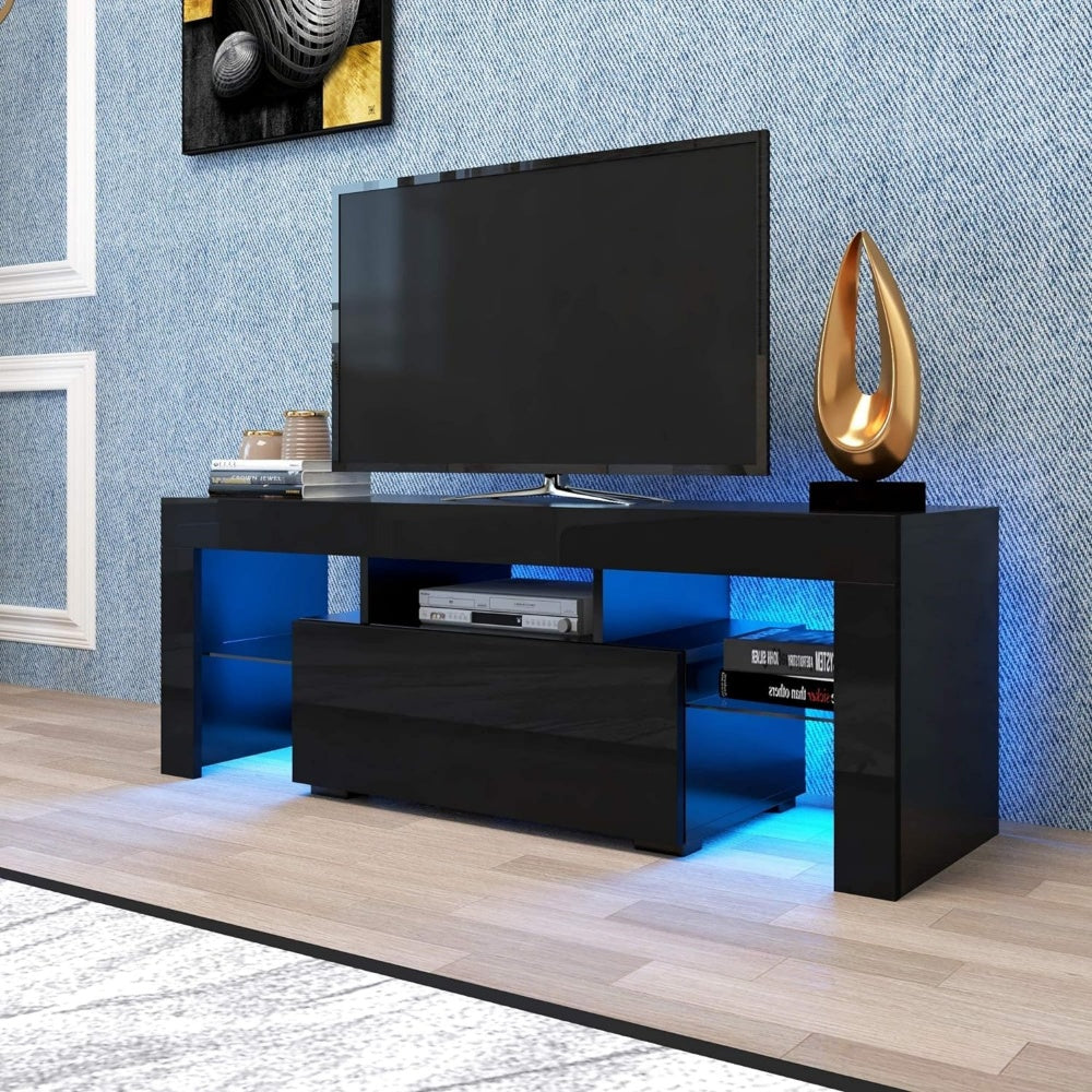 LED TV Stand for Televisions up to 55 Inchs,Modern Entertainment Center with down filp door, Glass shelf and high glossy UV front face, TV Console Table for Living room,Bedroom. Black color