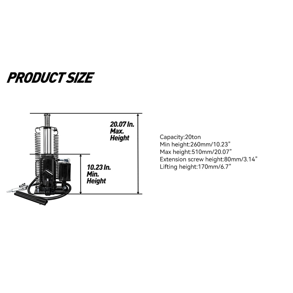 Air Hydraulic Bottle Jack, 20 Ton/40000 LBS Bottle Jack, 10.23-20.07 inch Lifting Range, Manual Handle and Air Pump, for Car, Pickup, Truck, RV, Auto Repair, Industrial Engineering