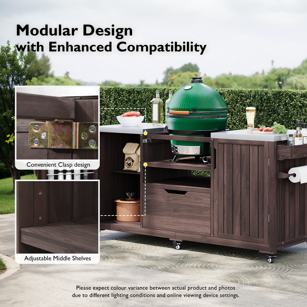K&K 66.5" Outdoor Kitchen Island for Big Green Egg Grills, Solid Wood Outdoor Grill Cart for Tabletop Grill with Stainless Steel Top, Drawer, Compatible with Large Big Green Egg, Kamado Joe-Dark Brown