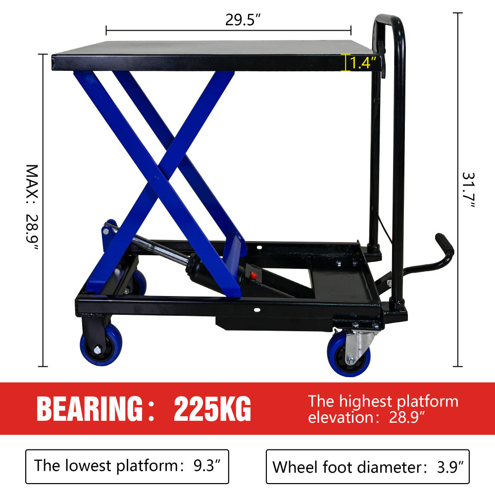Hydraulic Lift Trolley, 500 LBS Capacity, with 4 Wheels, for Material Handling and Transportation, BLACK+BLUE