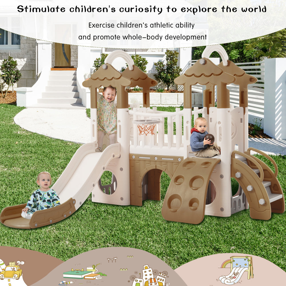 8-1 Toddler Climber and Slide Set,Kids Slide for Toddlers Age 1+, Kids Playground Climber Freestanding Slide Playset with Basketball Hoop, Play Combination for Babies,Indoor& Outdoor