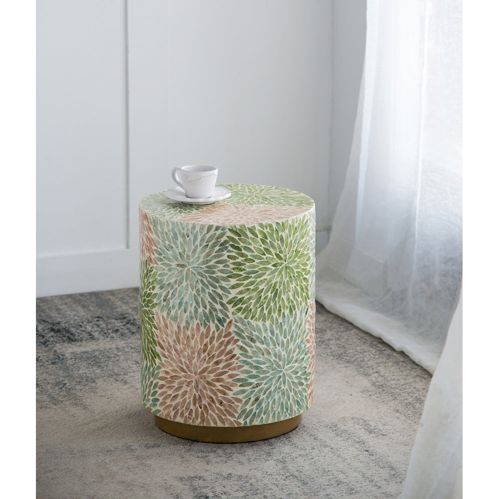 18x18x21" Hexagonal Capes Capiz Stool, Cream/Yellow