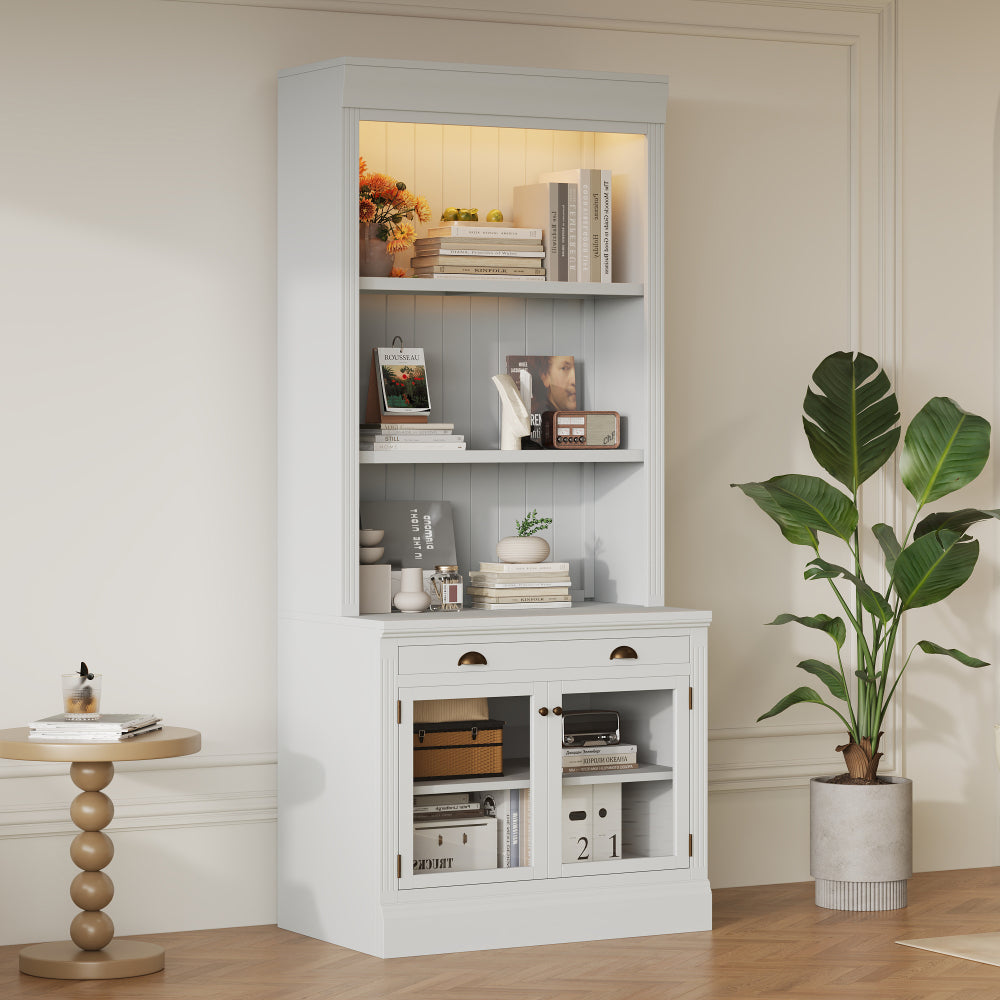 83.4"Tall Bookshelf with Writing Desk, Modern Bookcase with Study Desk, Workstation with Storage Shelf,Storage Bookcase with Open Shelves and LED Lighting for Living Room,Home Office,White