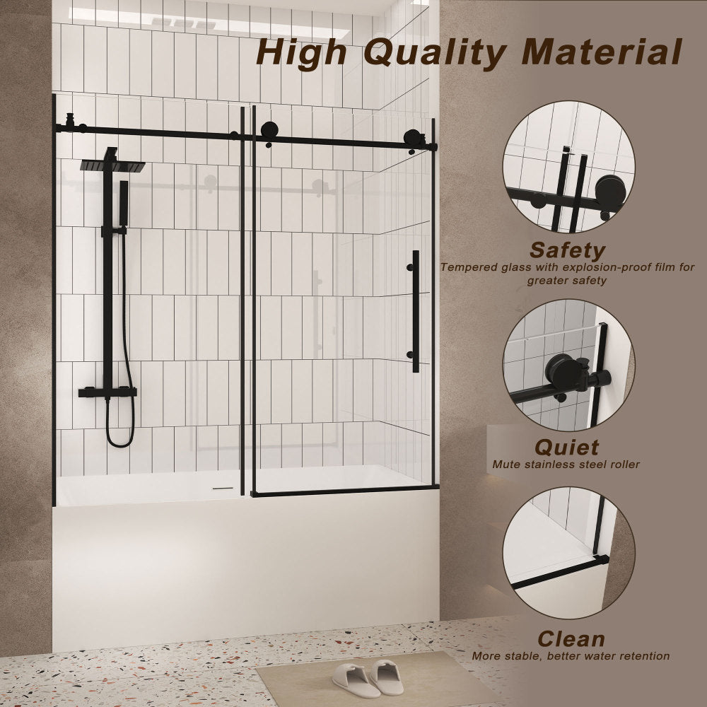Frameless shower door 56-60 "W x 60" H, 1/4 "(6 mm) Clear Tempered Glass, Explosion Proof Film, Stainless Steel Handle, Matte Black