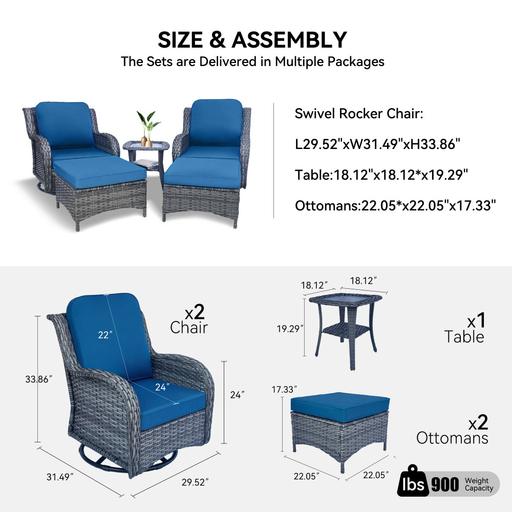 Wicker Patio Furniture Set - 5 Piece Rattan Outdoor Sectional Conversation Sets with 2 Swivel Rocking Chairs,2 Ottomans and 1 Side Table for Porch Deck Garden