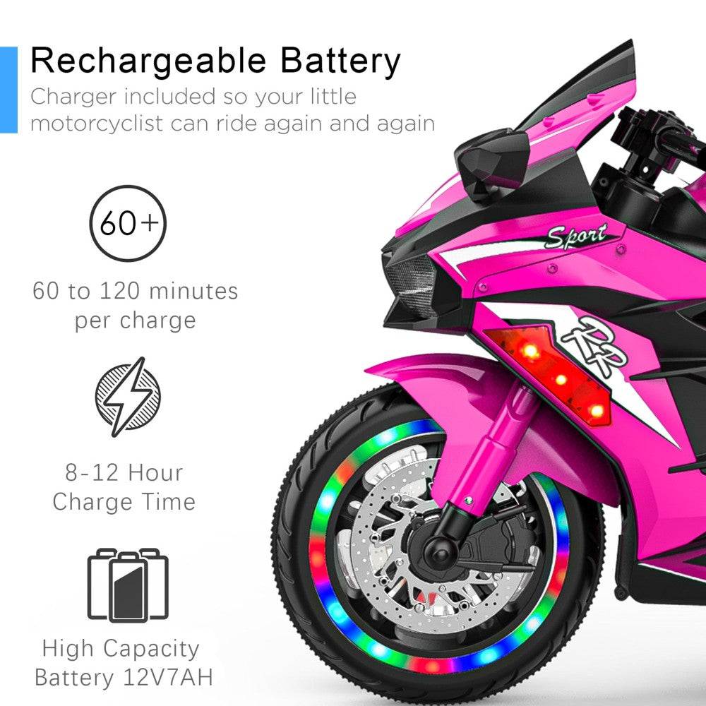 12V Kids Ride on Motorcycle, Electric Kids Motorcycle, Battery Powered Motorcycle for 3-6Years Old, Pink