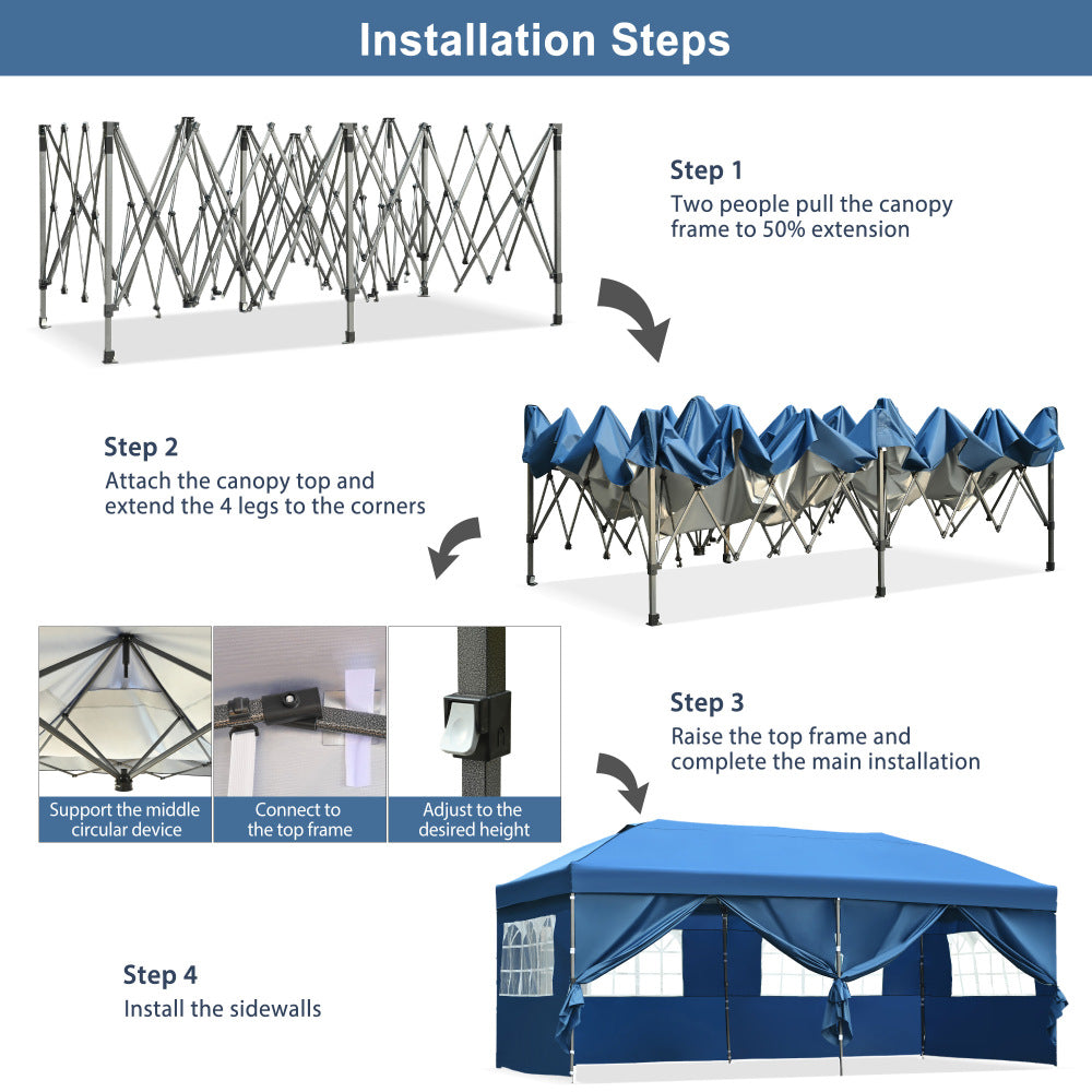 TREXM 10x20 Pop Up Canopy with Sidewalls, Outdoor Canopy Tent Heavy Duty for Backyard, Wedding Party Tent for Parties with Wheeled Bag (Blue)