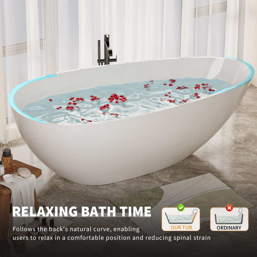59" Freestanding Solid Surface Bathtub, Luxury Handcrafted Stone Resin Freestanding Soaking Bathtub with Overflow and Pop-up Drain, Glossy White 24S02-59GW