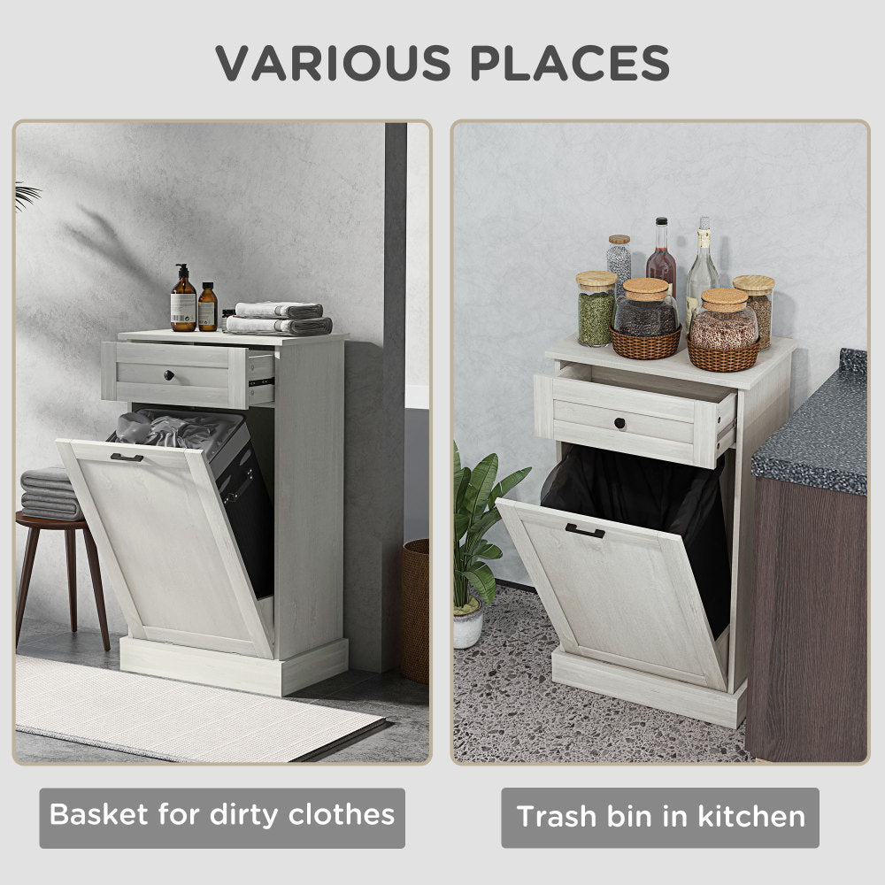 HOMCOM Kitchen Tilt Out Trash Bin Cabinet Free Standing Recycling Cabinet Trash Can Holder With Drawer, Light Gray