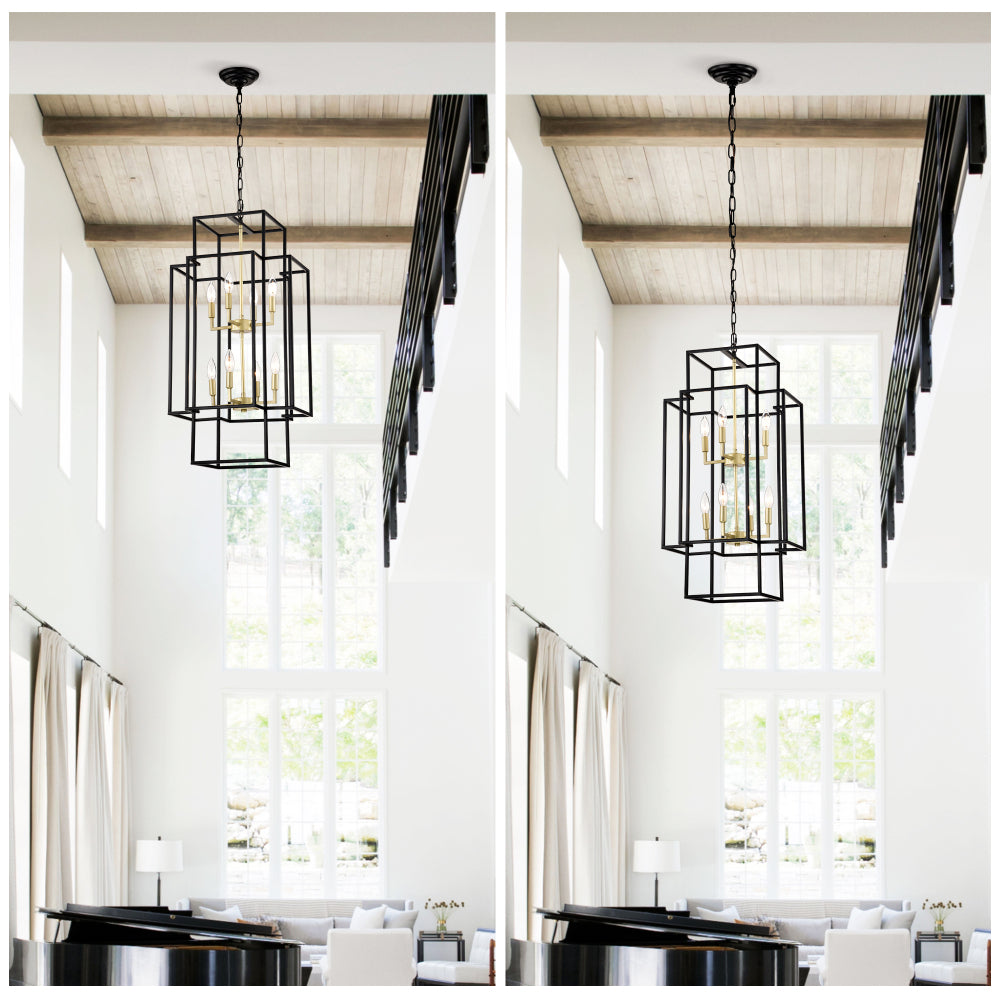 8-Light Metal Lantern Tiered Pendant Hanging Light Fixtures, Industrial Farmhouse Adjustable Height Chandeliers for Dining Room Hallway Foyer Entryway--Matte Black & Gold(E12 Bulbs Not Included)