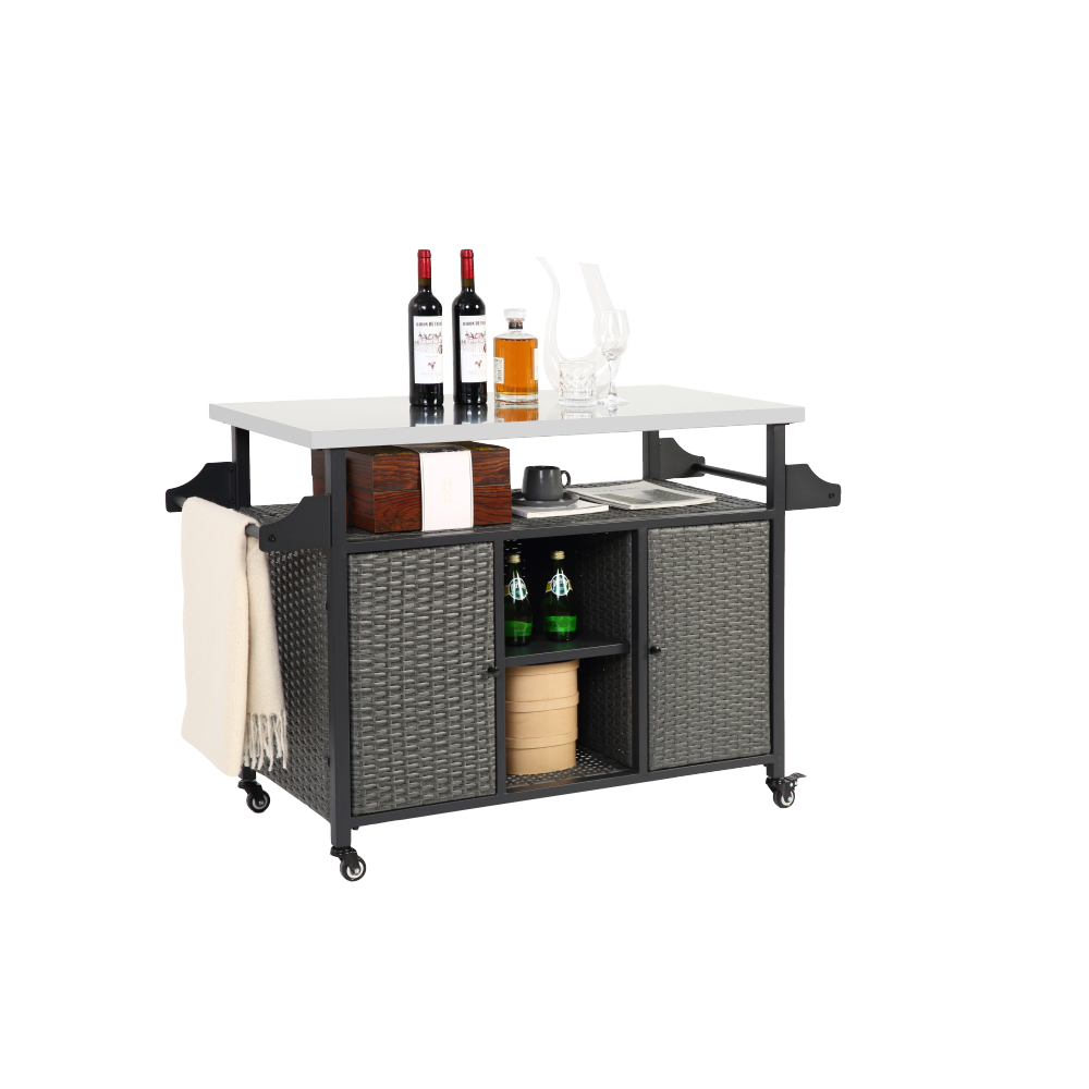 Large bar cart,Outdoor Kitchen Wicker Island Rolling Cart & Storage Cabinet, Wheels and Stainless Steel Extended Table Top, Side Handle for Patio Kitchen or Bar Cart, Grey