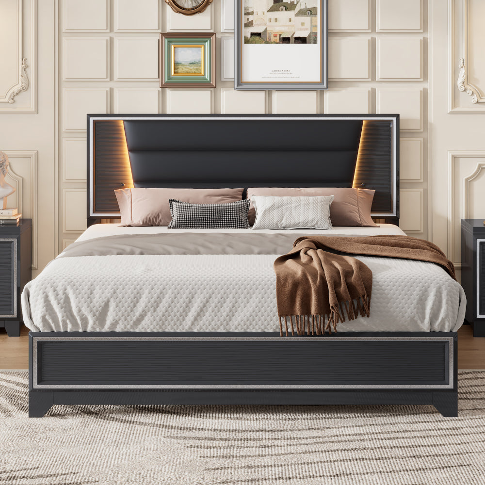 3-Pieces Bedroom Sets Queen Size Upholstered Bed with LED Lights, Nightstands and Dresser with Metal Handles and Sparkling Shiny Decoration, Black