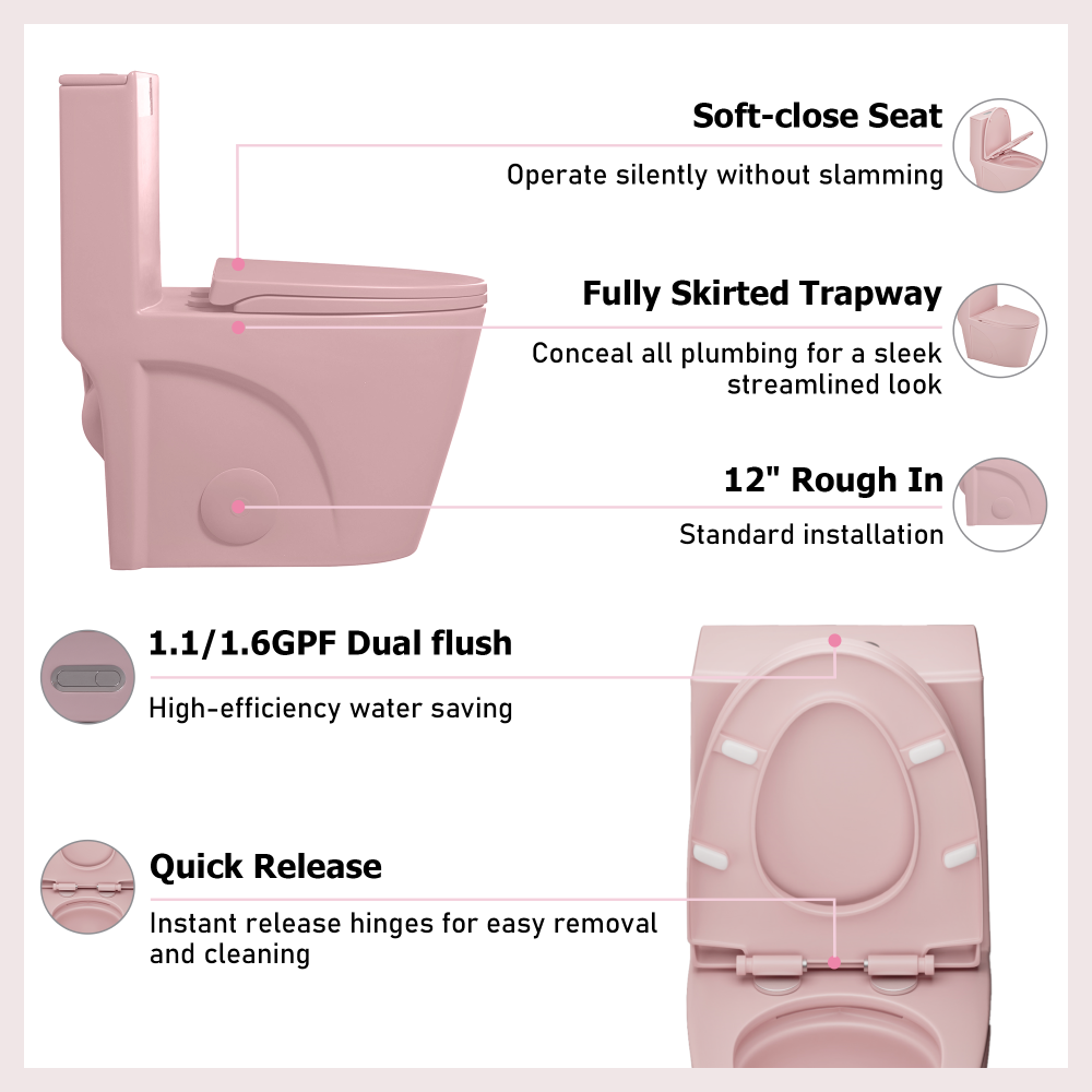 1.1/1.60 GPF Dual-Flush One Piece Toilet, Water-Saving Elongated Comfort Height Floor Mounted, Soft Close 1000 Gram Map Flushing Score Toilet, Pink Rose 24T01-RS