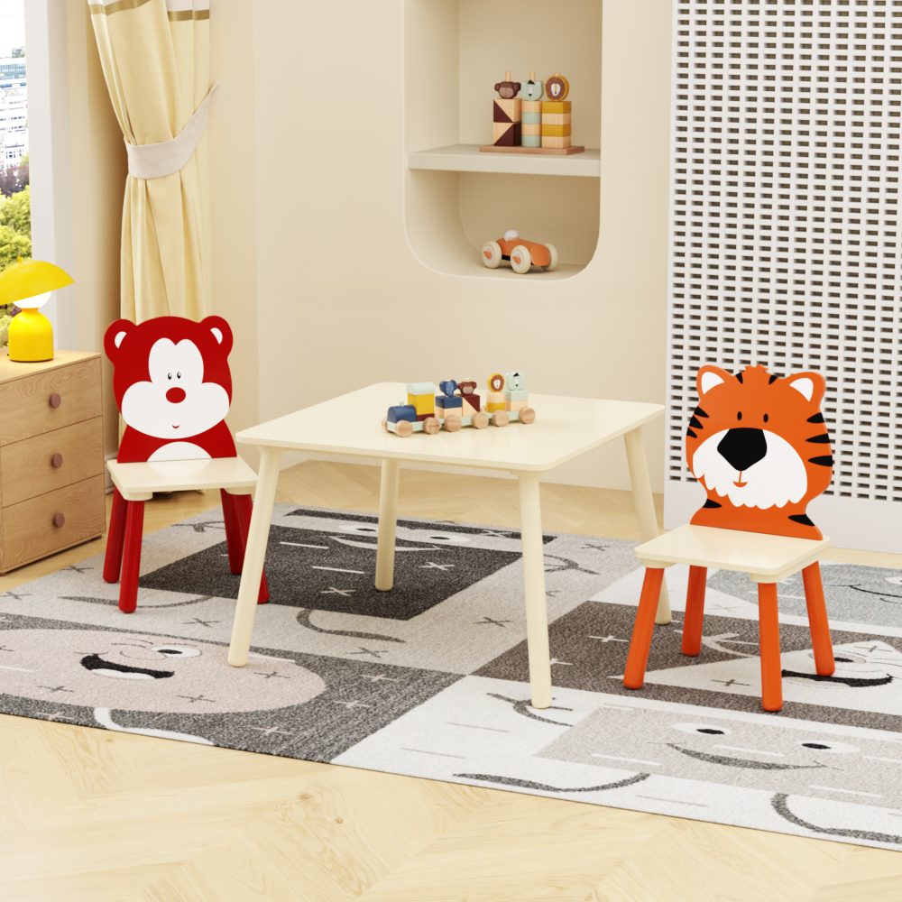 5 Piece Kiddy Table and Chair Set , Kids Wood Table with 4 Chairs Set Cartoon Animals (bigger table) (3-8 years old)