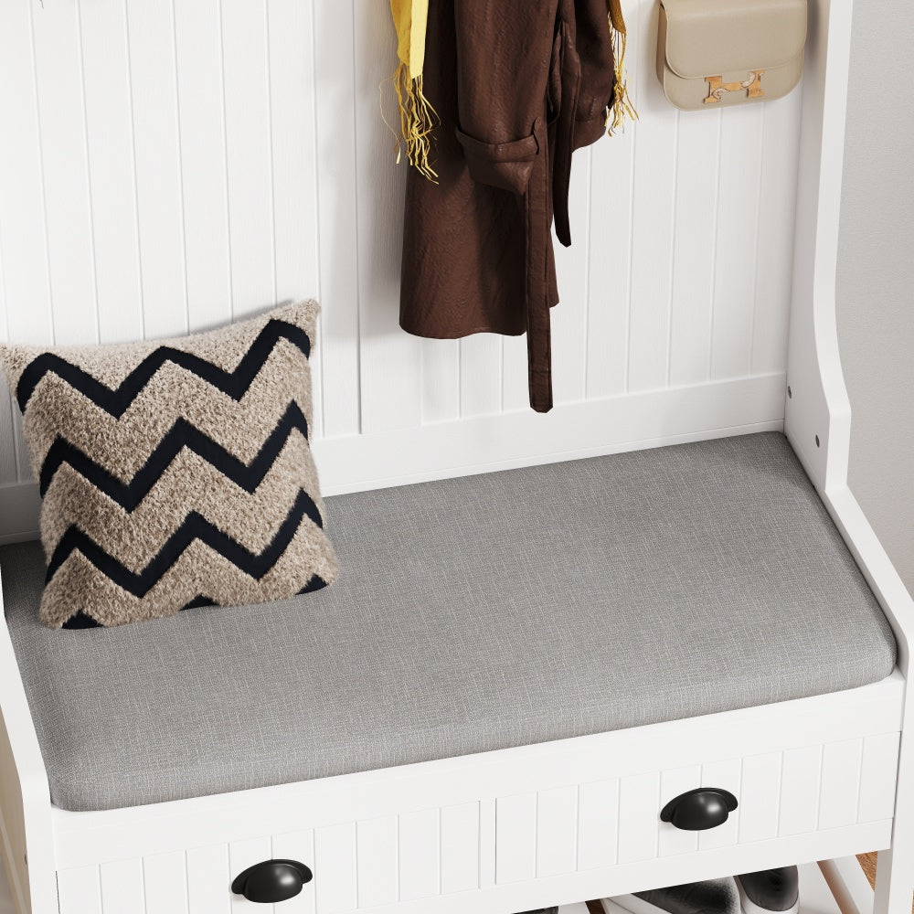 3-in-1 Hallway Hall Tree with 2 Storage Drawer and 4 Coat Rack, Wooden Entryway Shoe Rack Bench with Padded Seat Cushion, Mudroom Bench with Top Storage Shelf