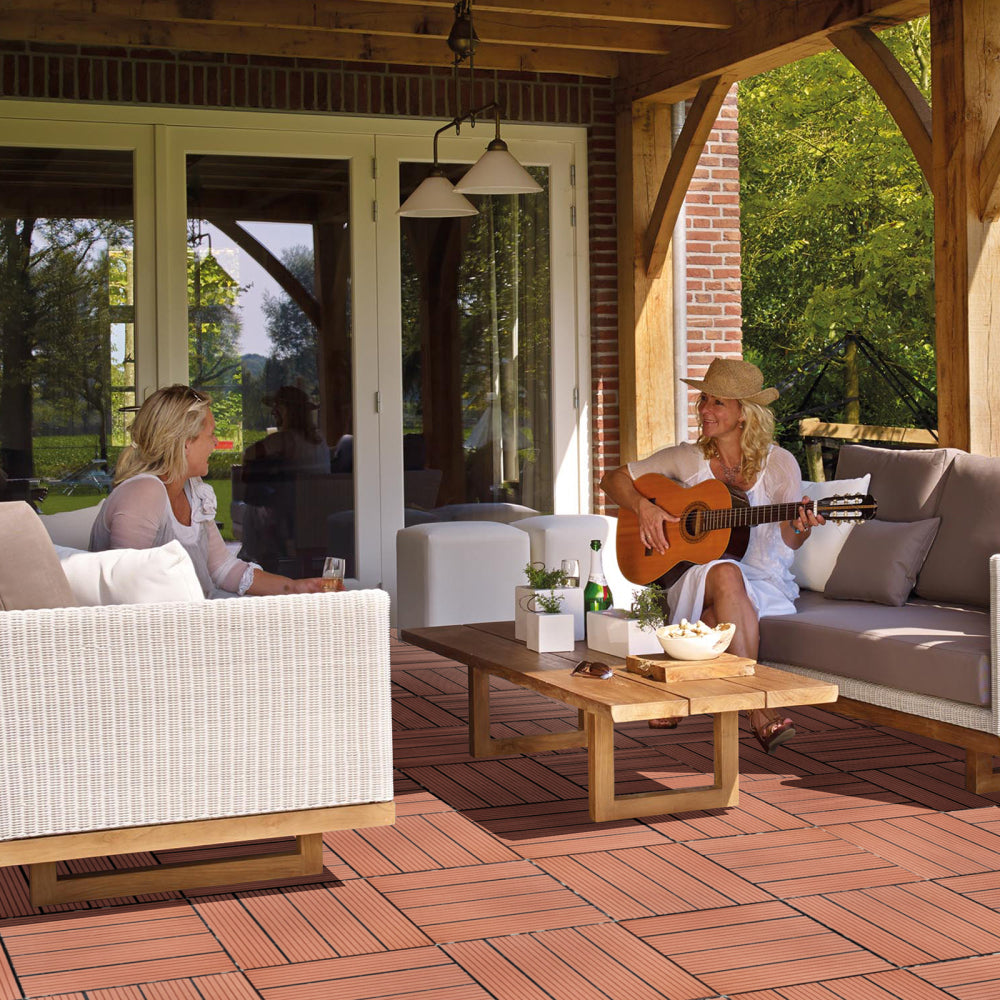 Plastic Interlocking Deck Tiles, 12.00"x12.00"(Pack of 44 ), Patio Flooring Outdoor Waterproof All Weather Use for Garden Poolside Front/Back Yard, Mahogany Colour
