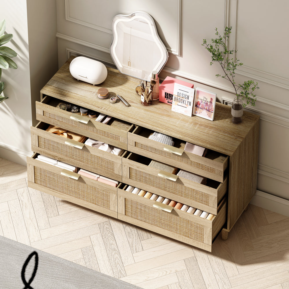 51" Rattan Dresser with Drawers, 6 Drawer Dresser for Bedroom, Clothes Storage Cabinet for Bedroom, Metal Handle&Wood Legs for Hallway, Living Room, Bedroom,Natural