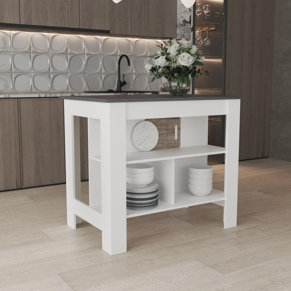 Kitchen Island, kitchen table 35" H, Four Legs, Three Open Storage Shelves, Black / Light Oak