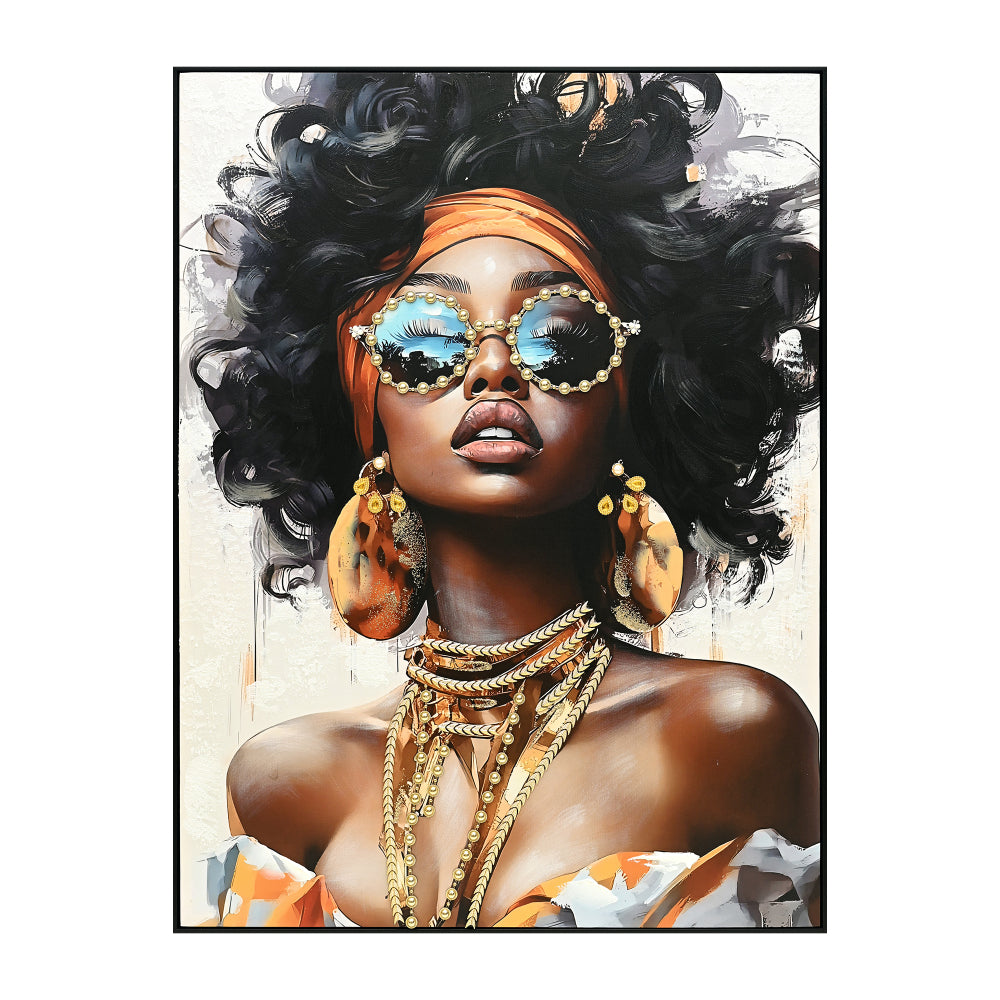 African American Woman Canvas Wall Art Black Girl with Curly Hair Sunglasses Orange Headwrap Earrings and Necklaces Modern Afrocentric Decor for Living Room Bedroom Office decorative picture