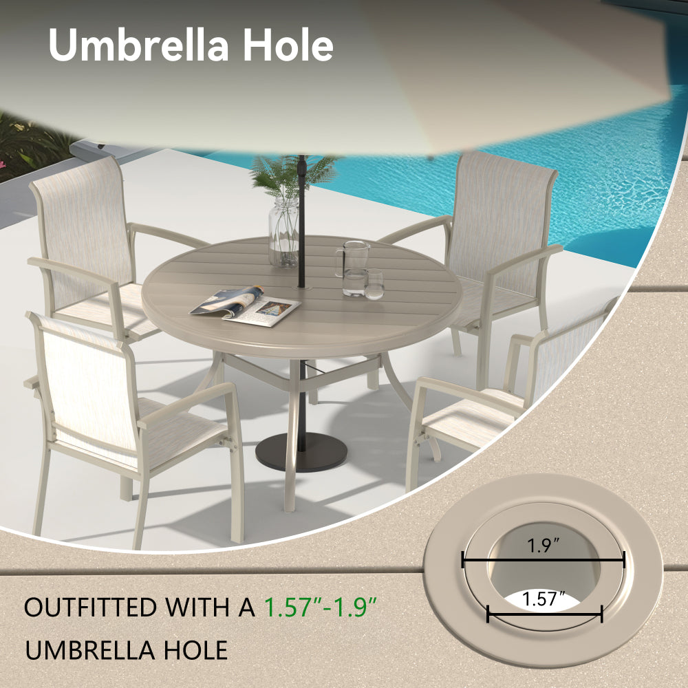 VRSHWO"Outdoor Round Patio Dining Table for 4-6, All Weather Metal Dining Table with Umbrella Hole for Deck Lawn Garden Backyard, Sandstone Color