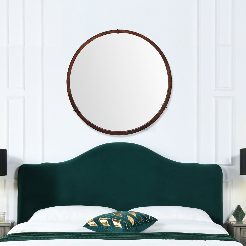 Hausen 31.5" Mid-Century Modern Round Accent Wall Mirror, Brown Walnut Wood & Veneer