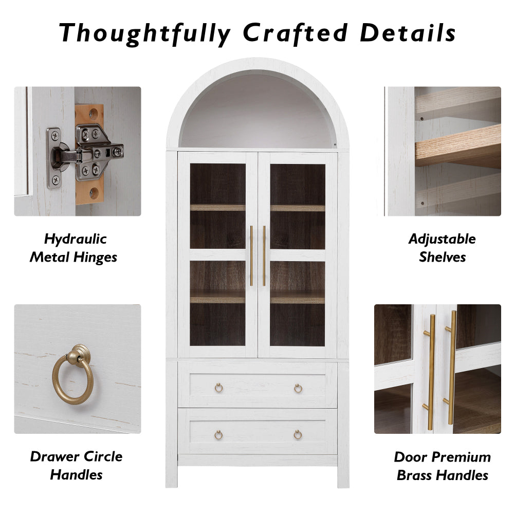 K&K 71" Tall Arched Kitchen Pantry Cabinet with 2 Large Drawers, Modern Farmhouse Kitchen Storage Cabinets with Adjustable Shelves, Glass Door, Wood Versatile Cupboard for Kitchens, Dining Room, White
